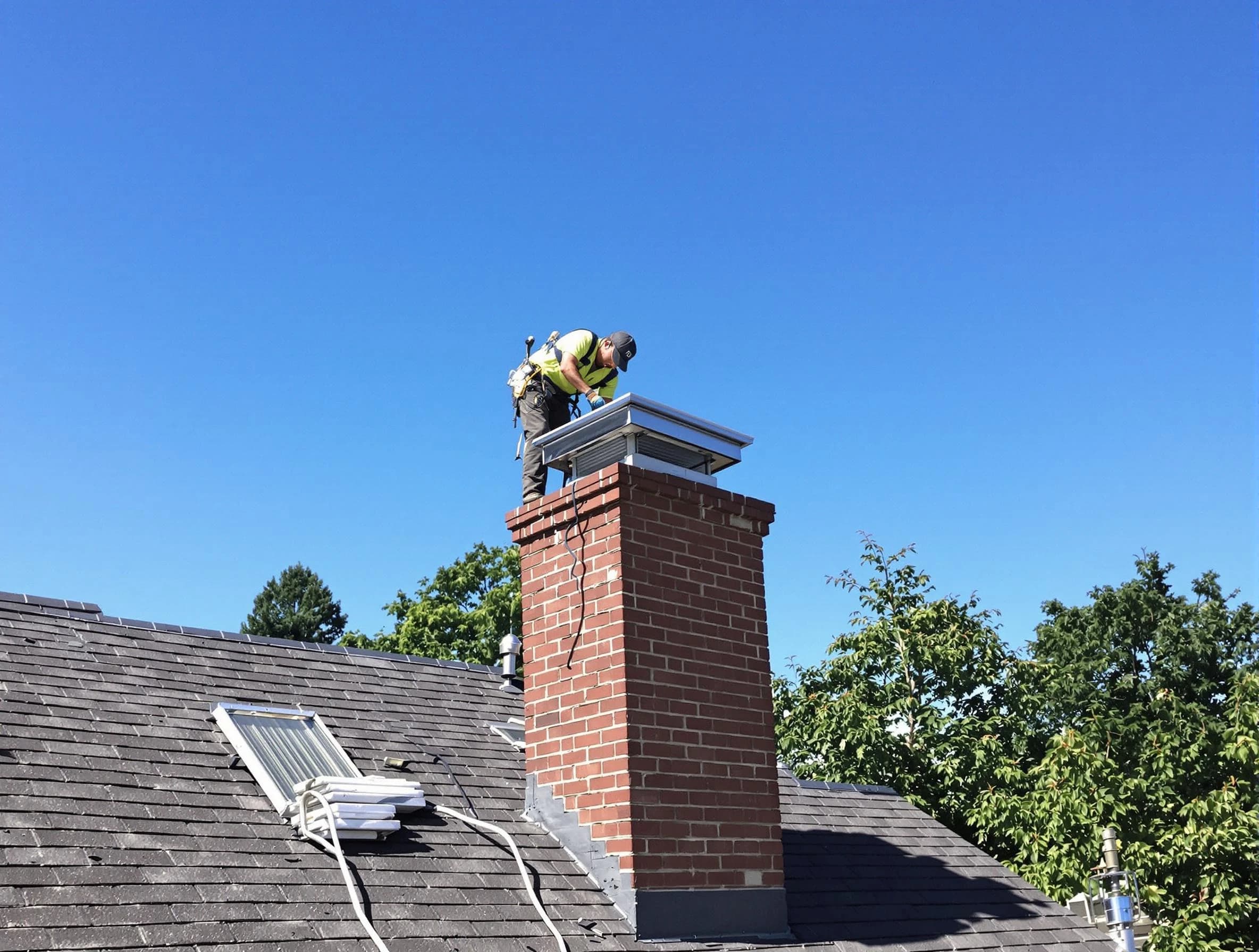 Holly Springs Chimney Sweep technician measuring a chimney cap in Holly Springs, GA